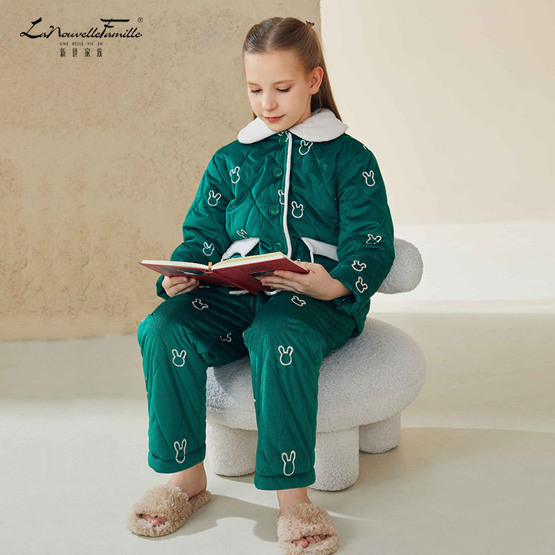 新世家族三层夹棉儿童冬季睡衣加绒加厚套装中大男女童家居服保暖