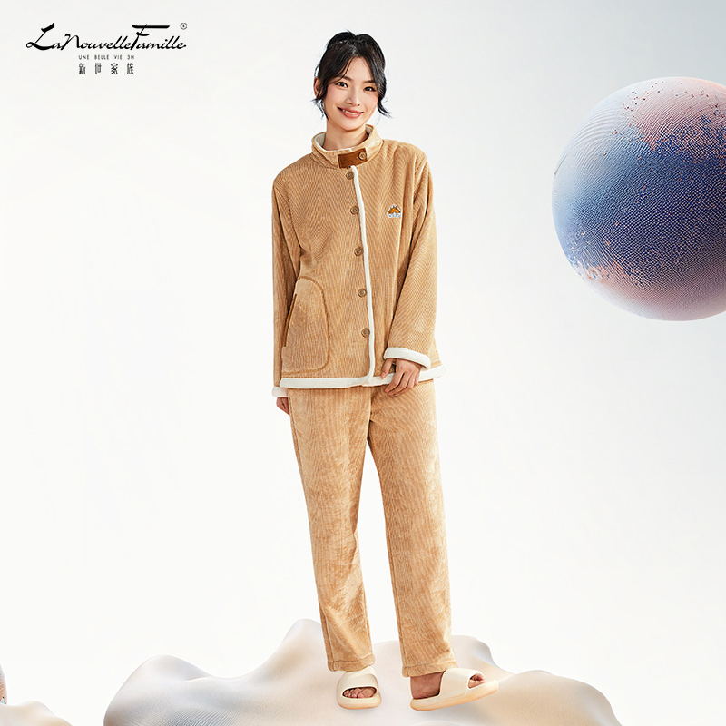 新世家族冬季睡衣女复合绒加厚套装可外穿保暖家居套服棉袄珊瑚绒