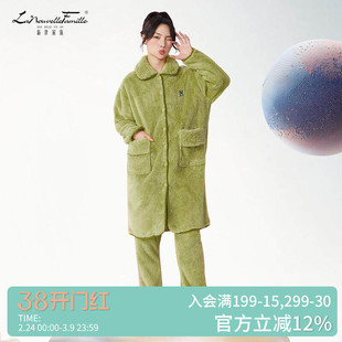 新世家族秋冬法兰绒睡衣女长款睡袍珊瑚绒套装加厚可外穿家居服