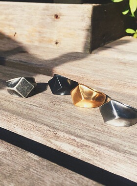 欧美潮流简约主义几何复古磨砂菱形介子男女情侣时尚四方形尾戒指