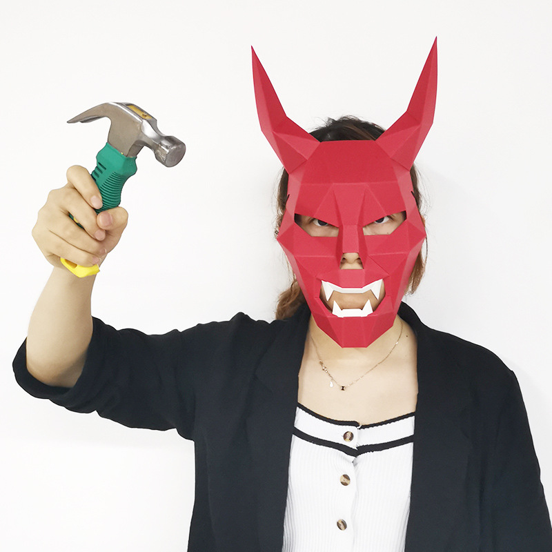 半脸恶魔鬼面具带角骷髅纸模吸血鬼恐怖万圣诞节化妆假面舞会派对