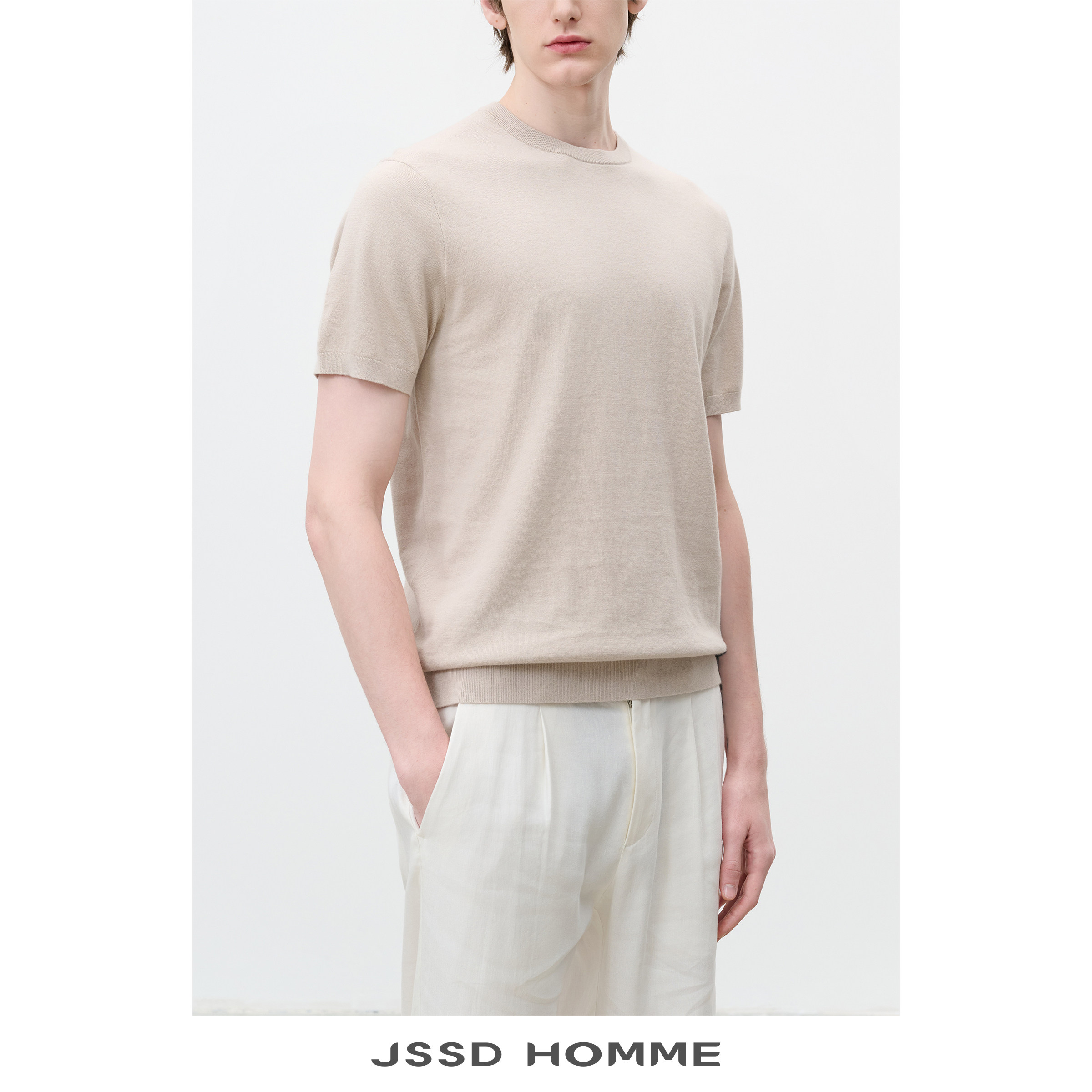 JSSD HOMME 夏季可机洗圆领短袖T恤男棉山羊绒通勤针织短袖衫男款