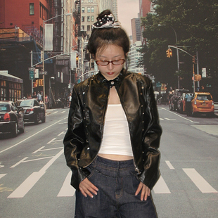 0609sth 黑色皮衣外套女秋冬新款嬉皮士风复古宽松pu机车皮夹克