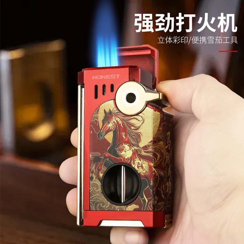 百诚五火焰蓝焰充气打火机男士金属防风雪茄多功能点火器高端礼品