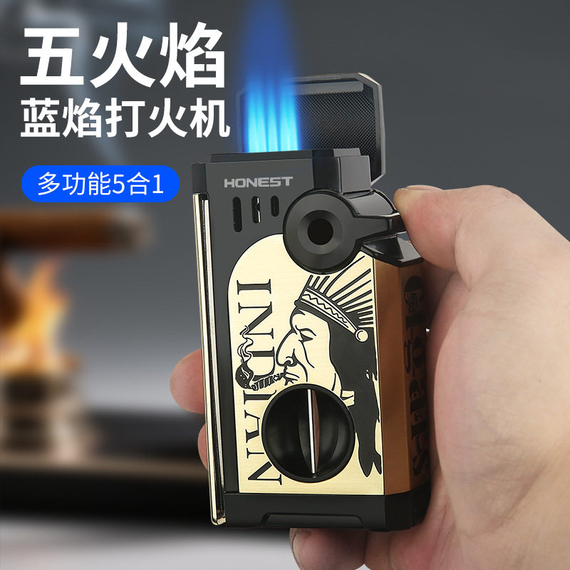 百诚五火焰蓝焰充气打火机男士金属防风雪茄多功能点火器高端礼品