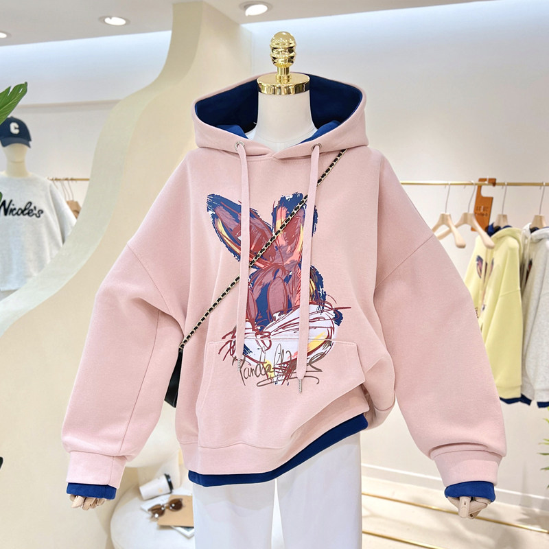 女童加绒卫衣2025新款春秋装儿童装假两件衣服春款女大童连帽上衣