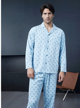 SCHIESSER舒雅男士40S纯棉双面布印花小翻领睡衣家居服套装21930H