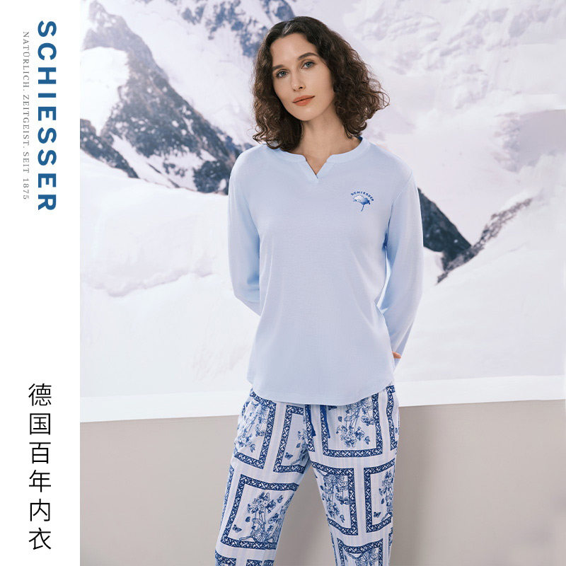 舒雅女士60S棉莫代尔亲肤青花瓷印花圆领长袖睡衣家居服套装