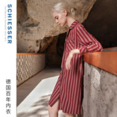 SCHIESSER舒雅女士纯棉磨毛翻领开衫 竖条纹大码 连衣裙家居服睡裙