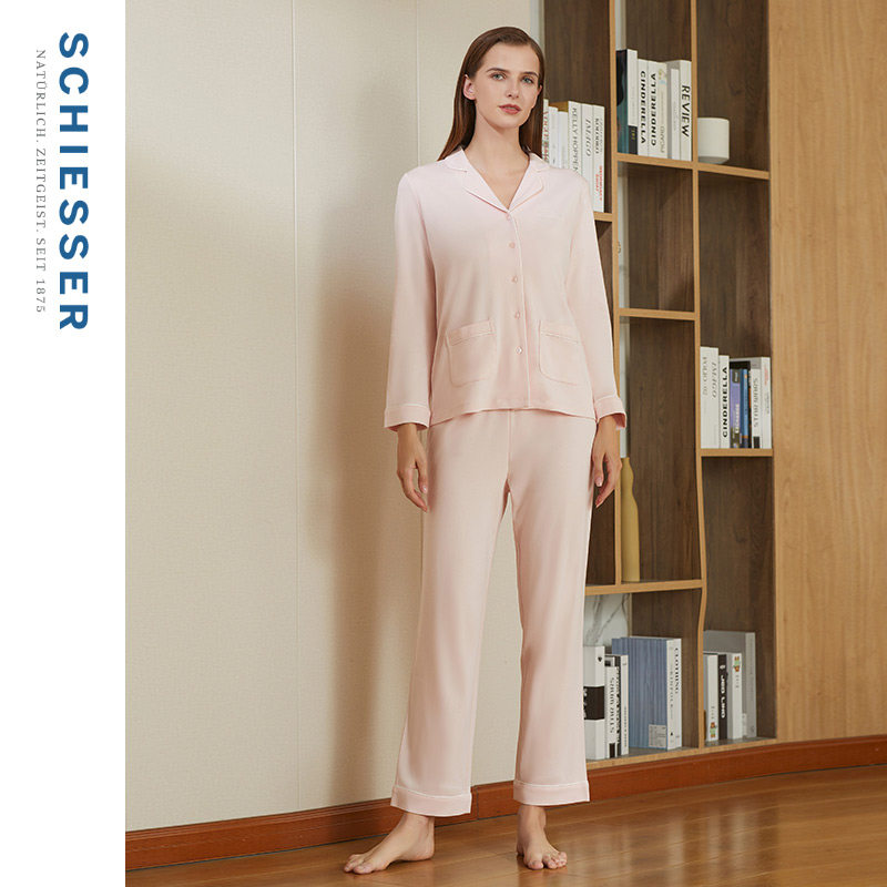 SCHIESSER舒雅女士40S棉莫代尔双面布翻领可外穿大码睡衣家居套装