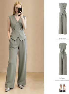 2026年春夏新款通勤风V领无袖马甲阔腿裤套装女夏职场气质两件套