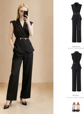 2026年春夏新款通勤职场气质套装黑色西装领马甲阔腿裤干练两件套