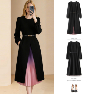 2026年春新款法式轻熟优雅风黑色长袖连衣裙收腰显瘦高级感气质裙