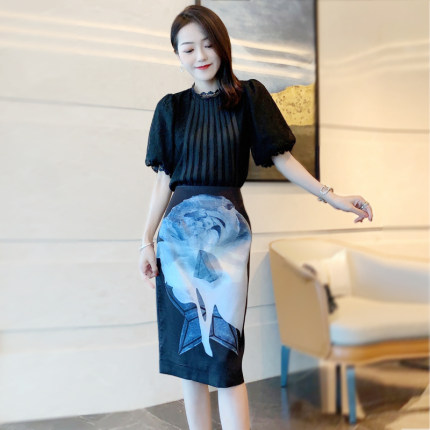 女神范2023夏蕾丝泡泡袖上衣高腰印花包臀半裙套装修身显瘦轻熟风