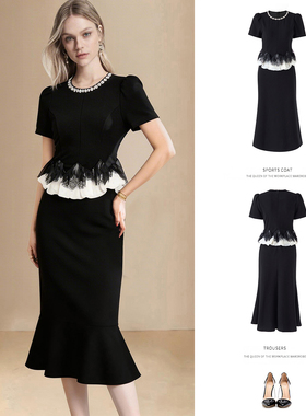 2026年春夏新款轻奢风镶钻假两件连衣裙黑色修身气质千金风名媛裙