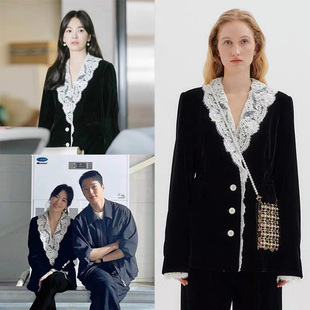 欧洲站2024冬新款宋慧乔同款气质蕾丝拼接丝绒西装外套阔腿裤套装