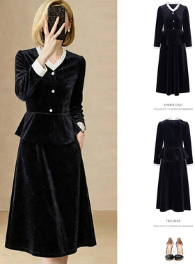 2026年春新款赫本风丝绒连衣裙女V领收腰显瘦A字裙气质显瘦小黑裙