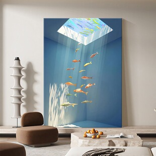 手绘油画透过光的鱼北欧风客厅现代简约装饰画玄关高级感艺术挂画