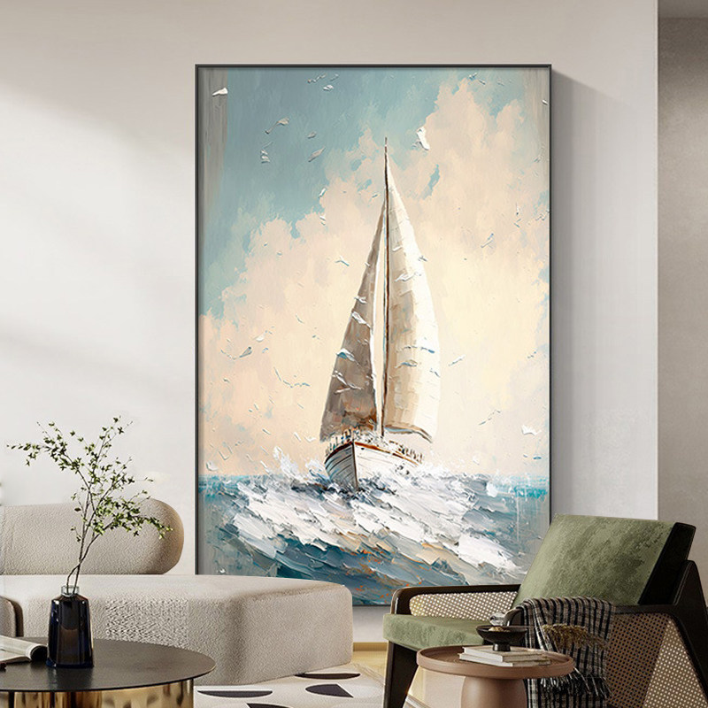手绘帆船肌理油画玄关客厅装饰画