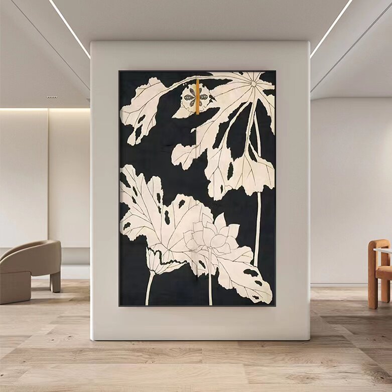 纯手绘油画黑白色荷花入户玄关画