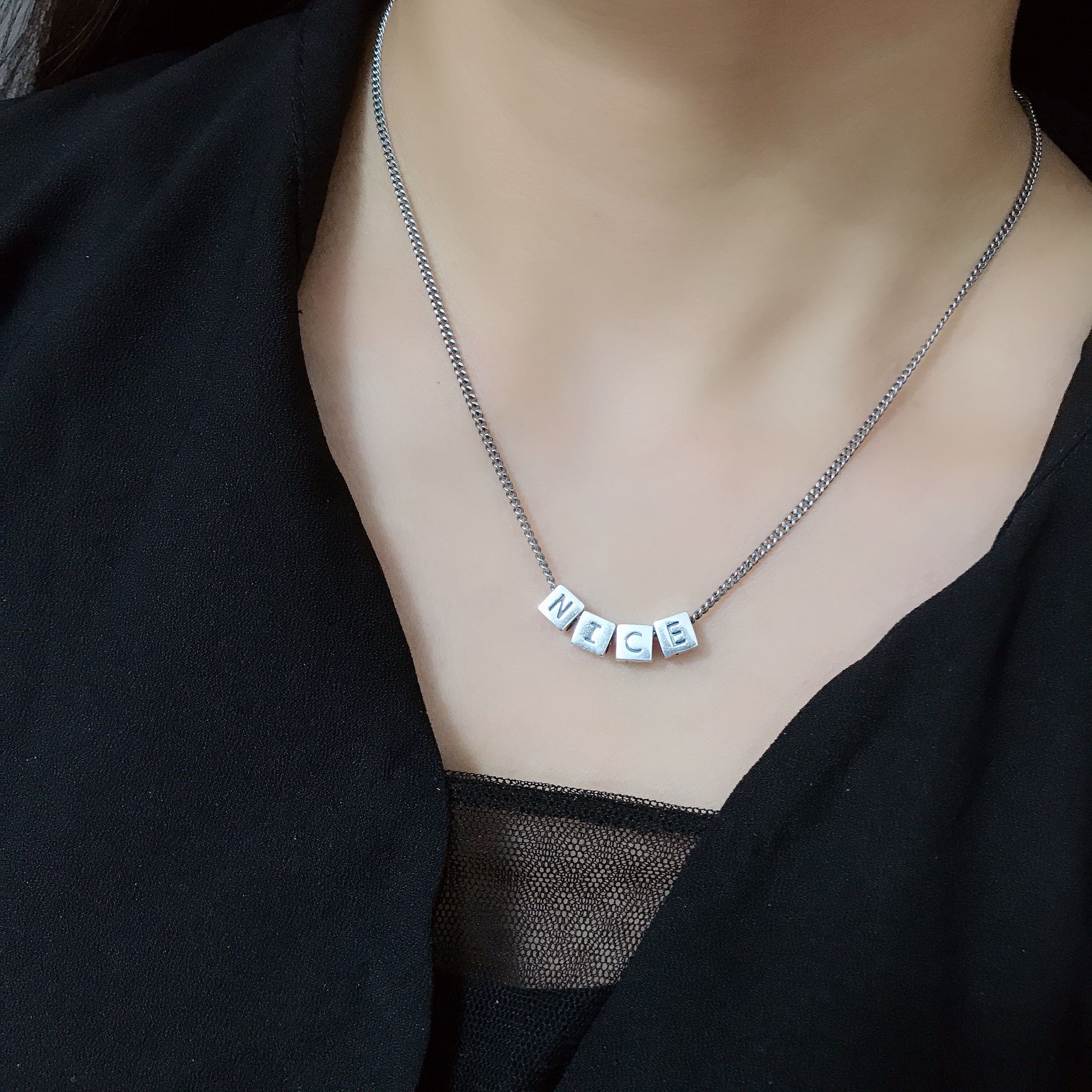 s925纯银项链女款复古个性泰银做旧锁骨链nice字母定制休闲百搭
