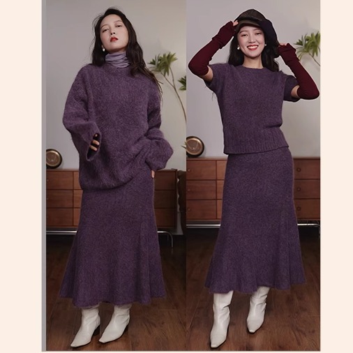 JULSLAN原创 绝绝紫太美啦 高比羊驼毛三件 秋冬毛茸茸很暖很舒服