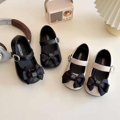 韩版甜美蝴蝶结女童公主鞋2025春季新款儿童小皮鞋软底宝宝鞋子潮