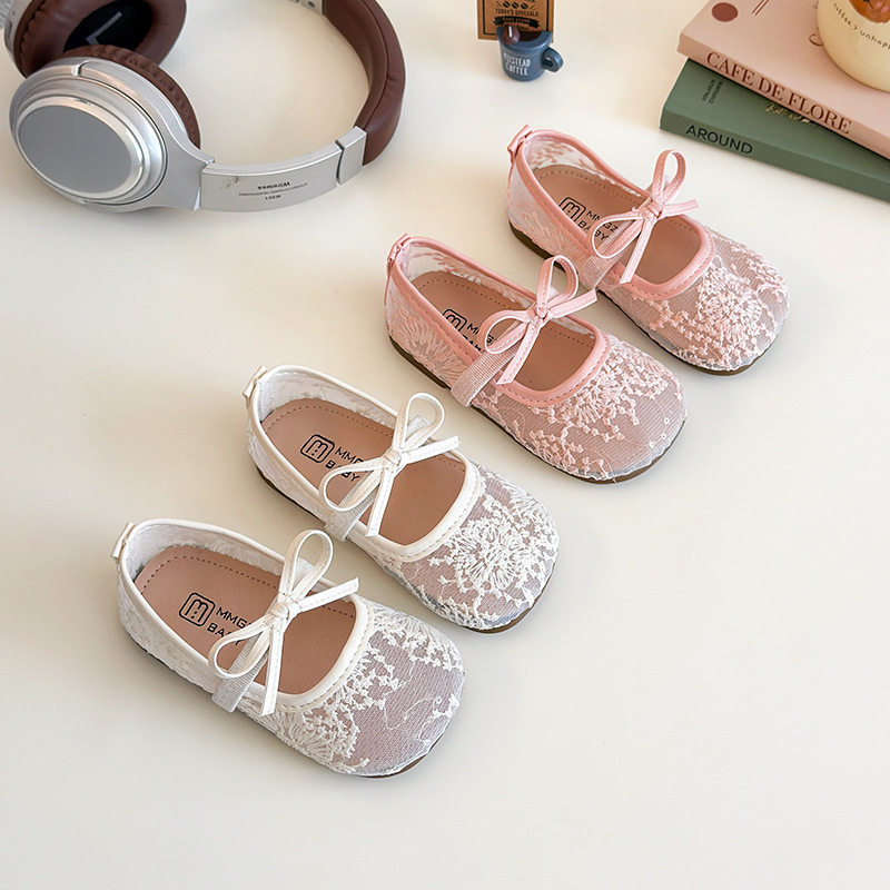 平底透气蕾丝网纱单鞋2025春夏季新款韩版女童蝴蝶结浅口公主鞋潮