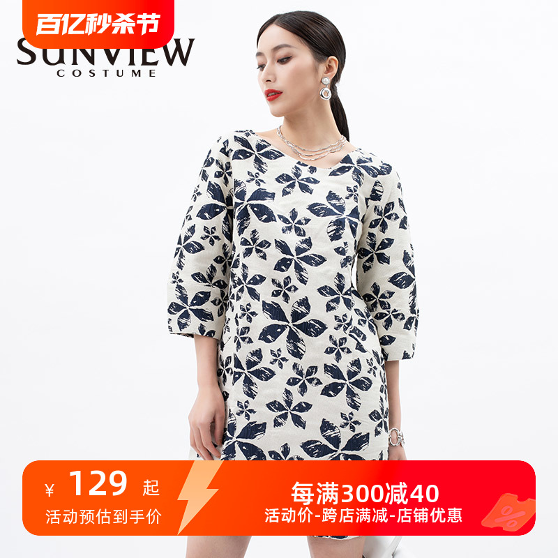 SUNVIEW/尚约2023春夏新款摩登廓形金丝印花七分袖连衣裙大花时尚