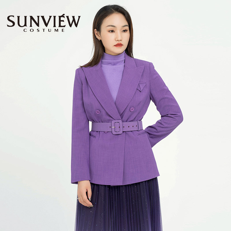 SUNVIEW/尚约紫色小西装笔挺垂坠V领翻领长袖秋冬上衣上装女装