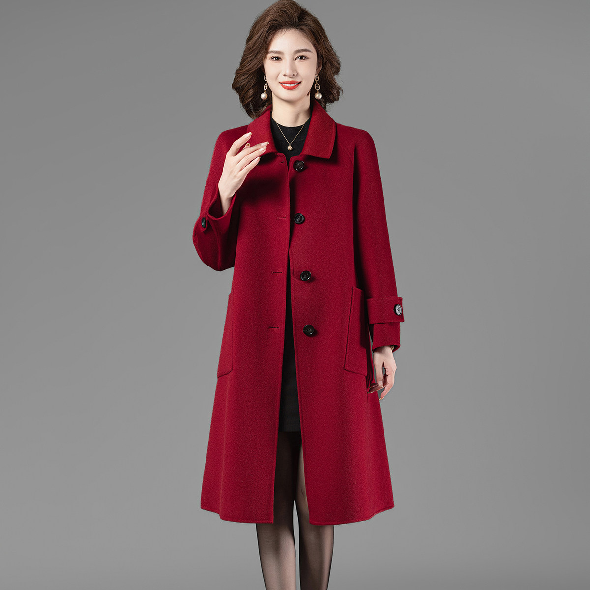 双面羊绒大衣女中长款秋冬中老年高贵喜庆婚礼服妈妈装羊毛呢外套