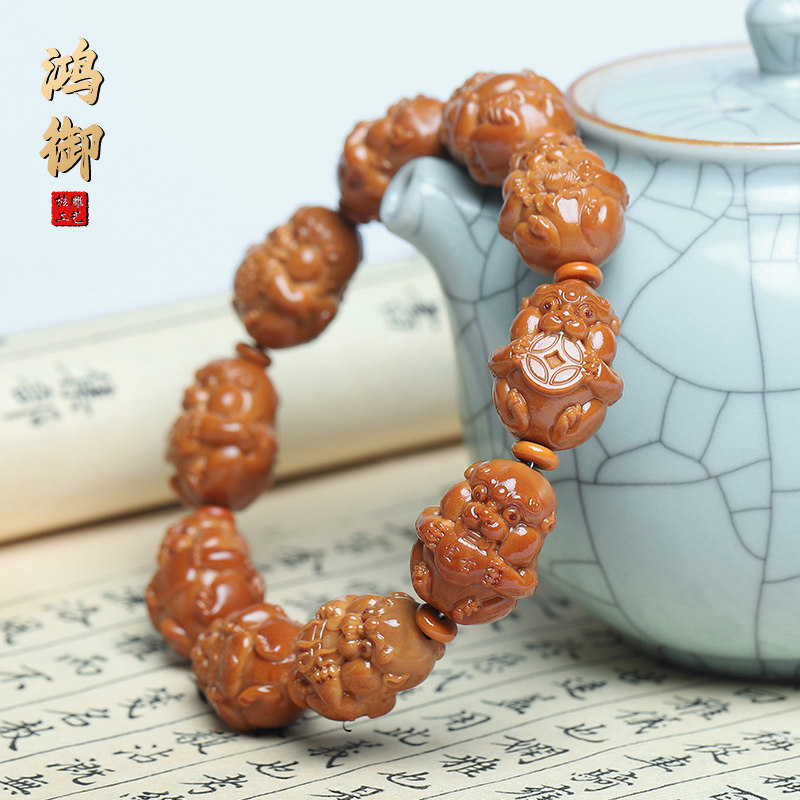 橄榄核招财吞金兽手串手工雕刻可爱小貔貅橄榄胡核雕文玩男女把件