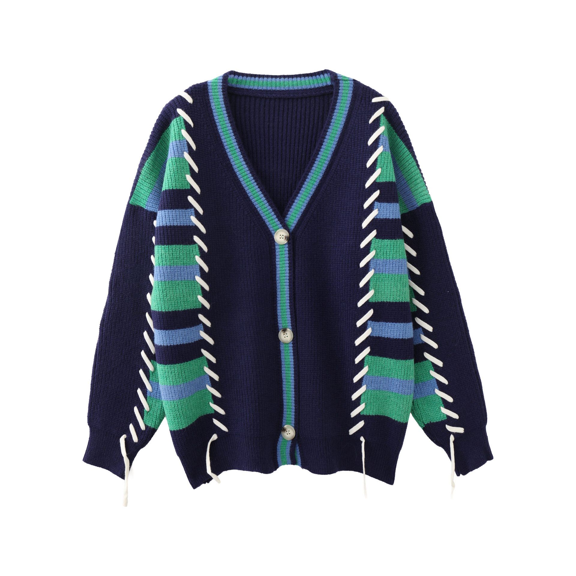 明线撞色拼接V领条纹针织开衫外套毛衣上衣小众高级感慵懒风女新,女装/女士精品,毛针织衫,淘宝优惠券,粉丝福利购,淘宝优惠卷