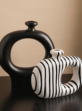 景德镇复古黑白条纹陶瓷花瓶摆件