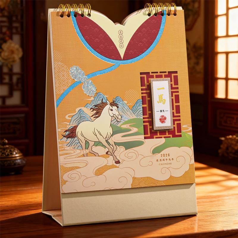 2026马年新款中式台历创意中国风古典艺术月历定制商务简约办公桌摆件日历摆件大格子记事打卡本可印企业logo