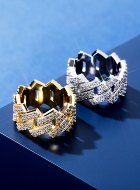 欧美嘻哈戒14mm萎形古巴戒指真金