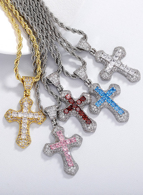 嘻哈蓝色锆石十字架男士项链时尚