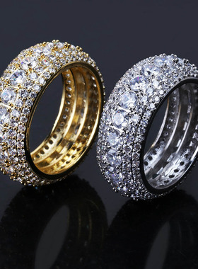 欧美嘻哈铜微镶五排满锆石戒指男