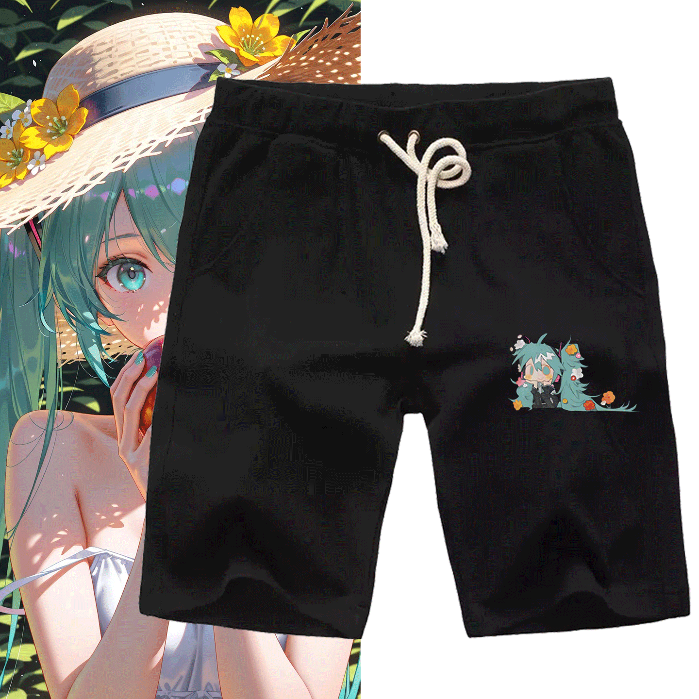 可定制夏五分裤短裤初音teto重音V家二次元歌姬少女二次元卡通花