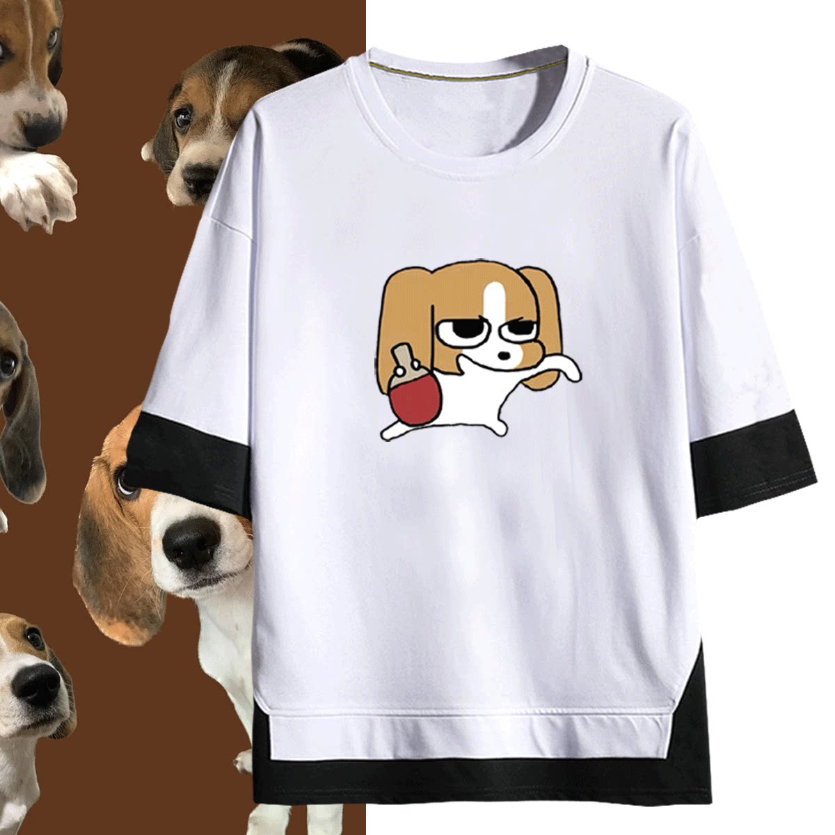 比格小狗卡通可爱印花男女情侣2025新款可定制纯棉短袖T恤假两件