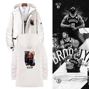 篮网杜兰特欧文哈登篮球运动训练男女情侣可定制中长款连帽羽绒服
