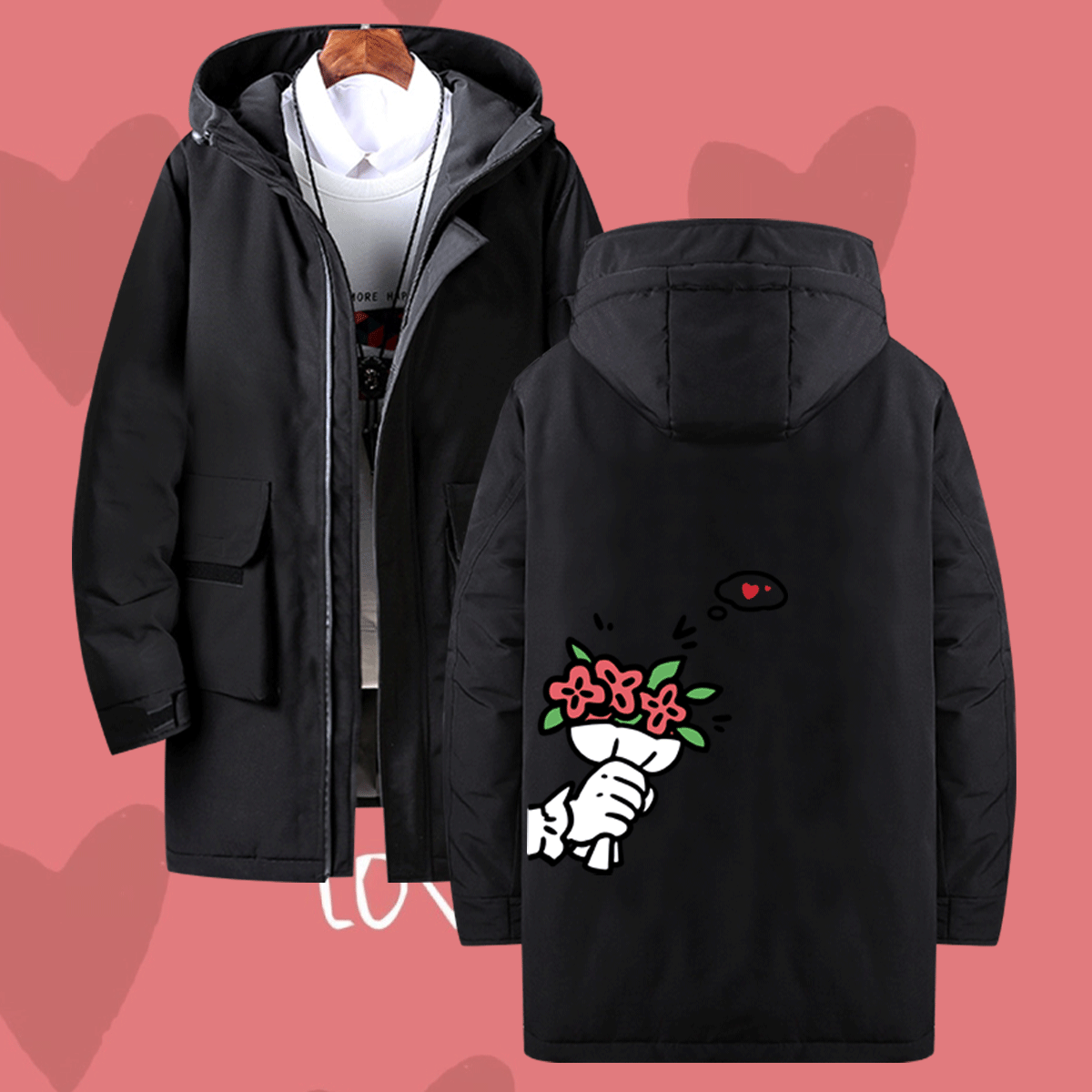 韩版潮中长款连帽外套羽绒服