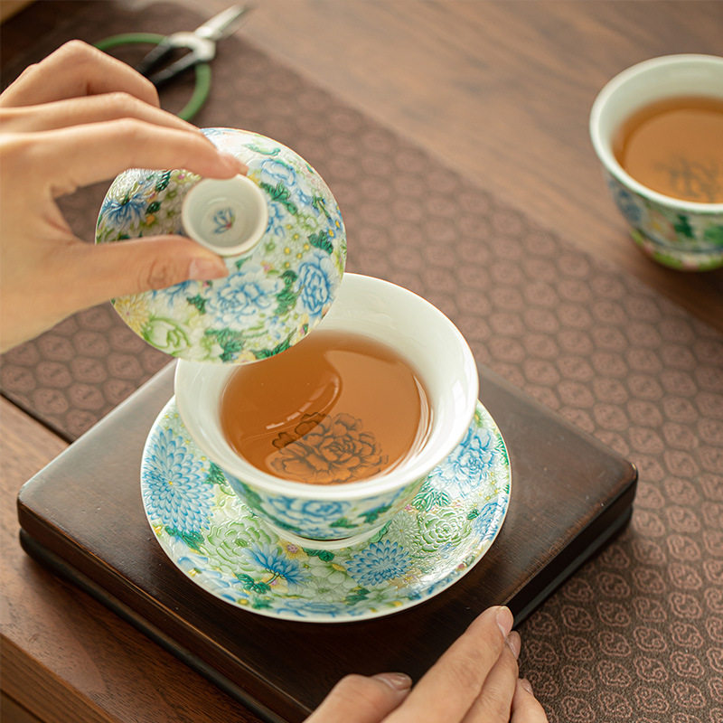 景德镇满堂锦绣万花牡丹盖碗三才茶碗大容量家用泡茶碗陶瓷茶具