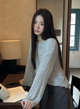 26年早春SUMLEE新款纯色圆领简约镂空韩系套头针织衫8070