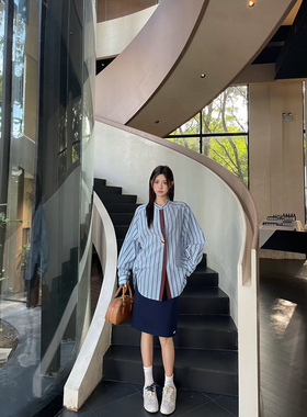 早秋上新美式复古拼接长袖衬衫设计感小众上衣显瘦百搭条纹衬衣