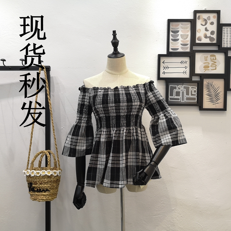 李潇洒胖mm一字领露肩条纹显瘦T恤女夏装大码遮肉短袖吊带小衫