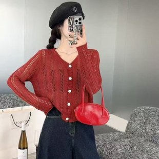 洋气麻花V领长袖 女欧货2025新款 毛衣外套潮 羊毛针织开衫 缕空薄款