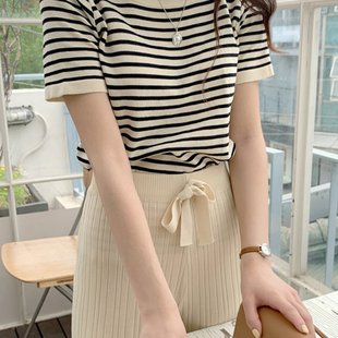 内搭打底体恤上衣 黑白横条纹t恤女夏短袖 冰丝针织衫 夏季 新款
