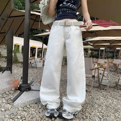 实拍 美式复古低腰辣妹白色宽松直筒裤百搭显瘦新款牛仔裤女
