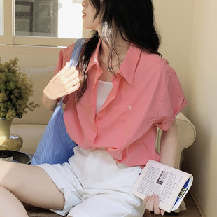 宽松显瘦polo领衬衫 法式 实拍韩版 女夏季 独特小上衣短袖 衬衫